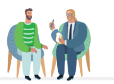 2 men seated facing each other, one with hand raised with pen and notepad in the other hand