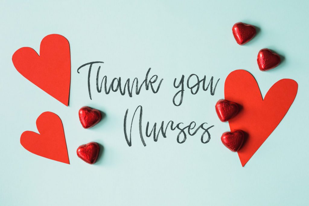 Thank You Nurses with red chocolate hearts and red paper hearts
