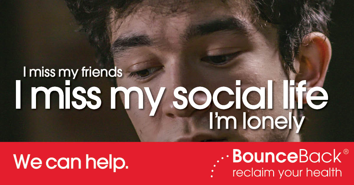 I miss my friends. I miss my social life. I'm lonely. Superimposed over a man's downcast face.