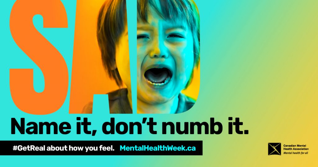 CMHA Name it, don't numb it. Child crying with the word 'sad'.