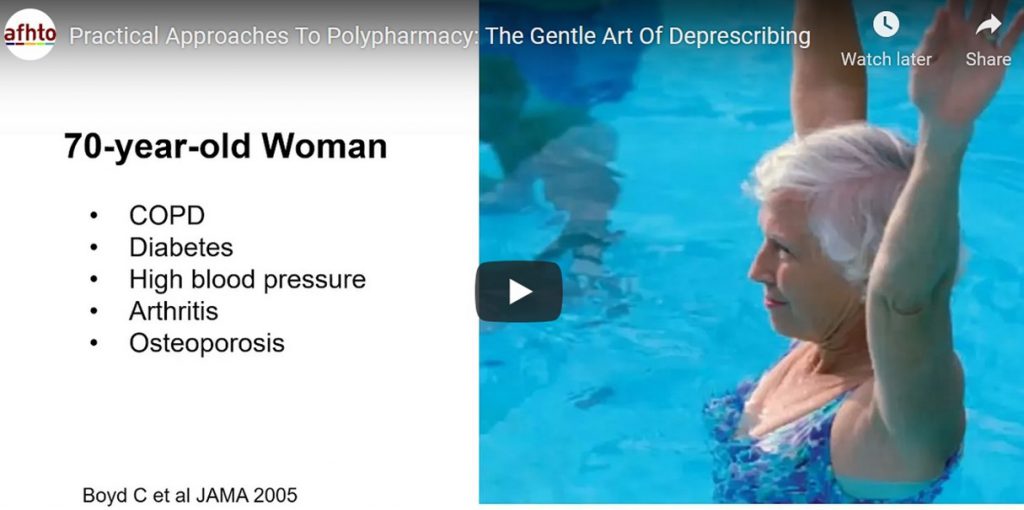 Polypharmacy webinar slide with picture of elderly woman exercising in pool and her health profile