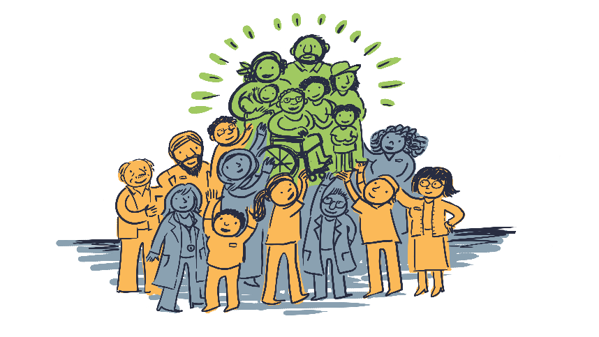 Illustration of a group of health professionals holding patients up