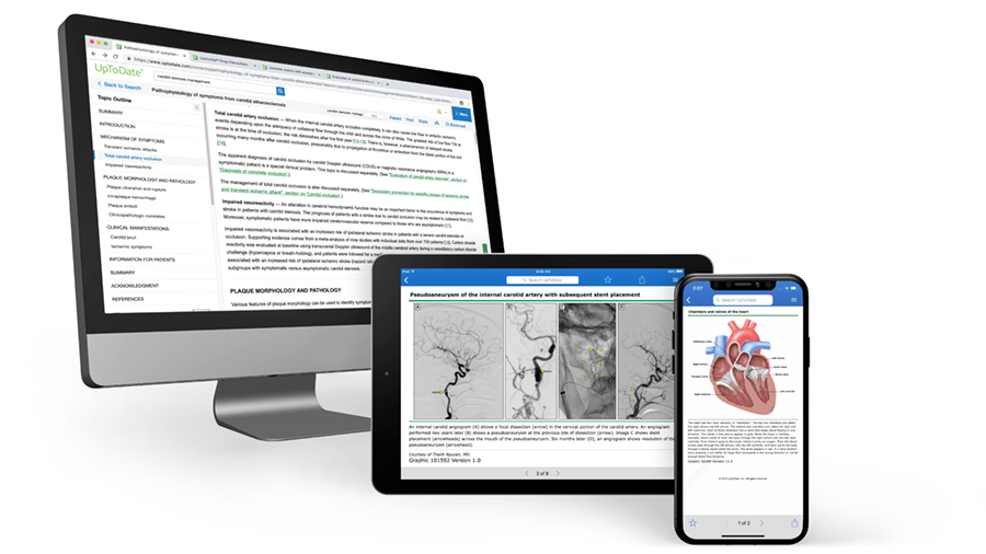 Desktop monitor, tablet and smartphone all showing UpToDate information