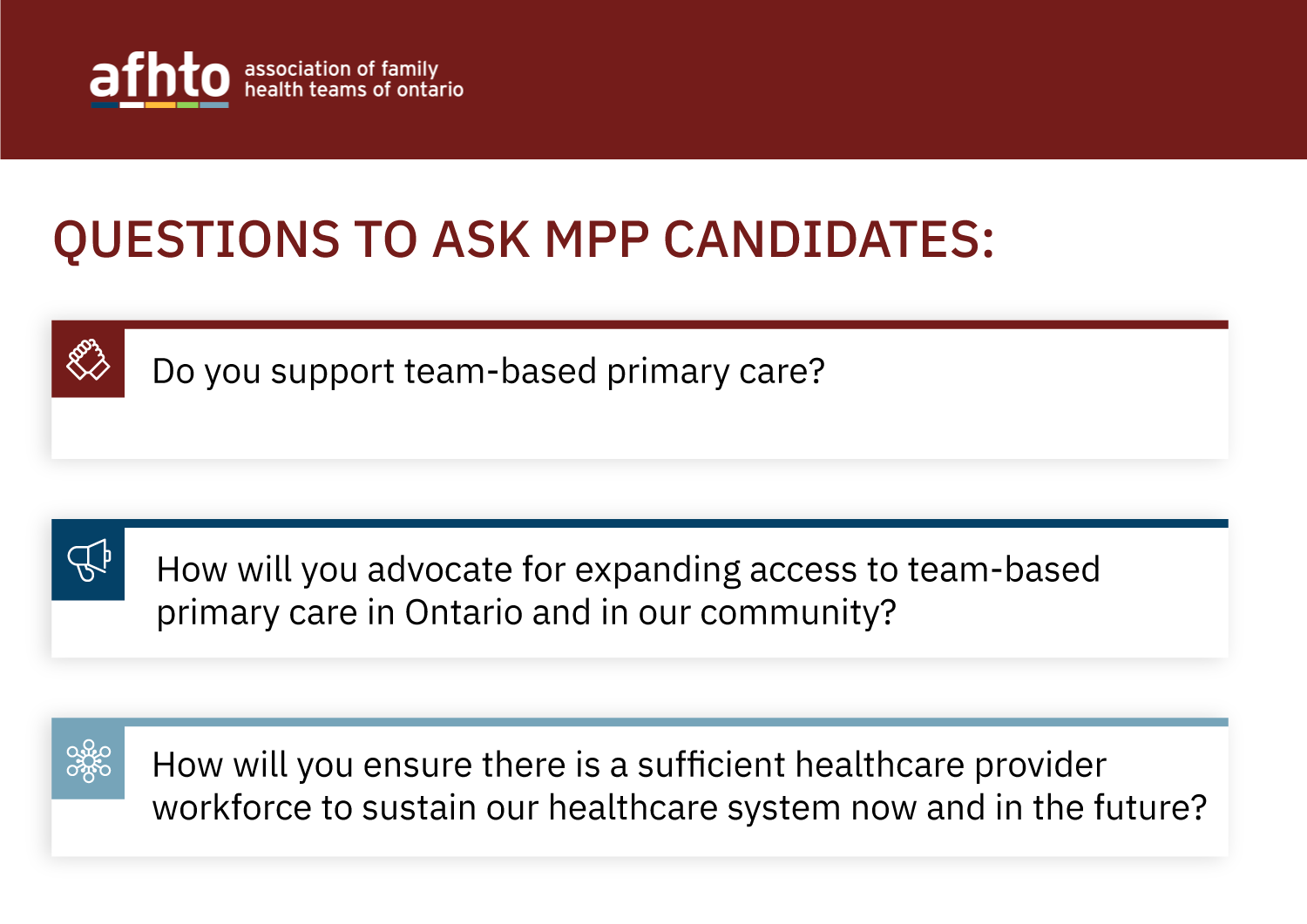 Questions to ask MPP candidates: Do you support team-based primary care? How will you advocate for expanding access to team-based primary care in Ontario and in our community? How will you ensure there is a sufficient healthcare provider workforce to sustain our healthcare system now and in the future? 