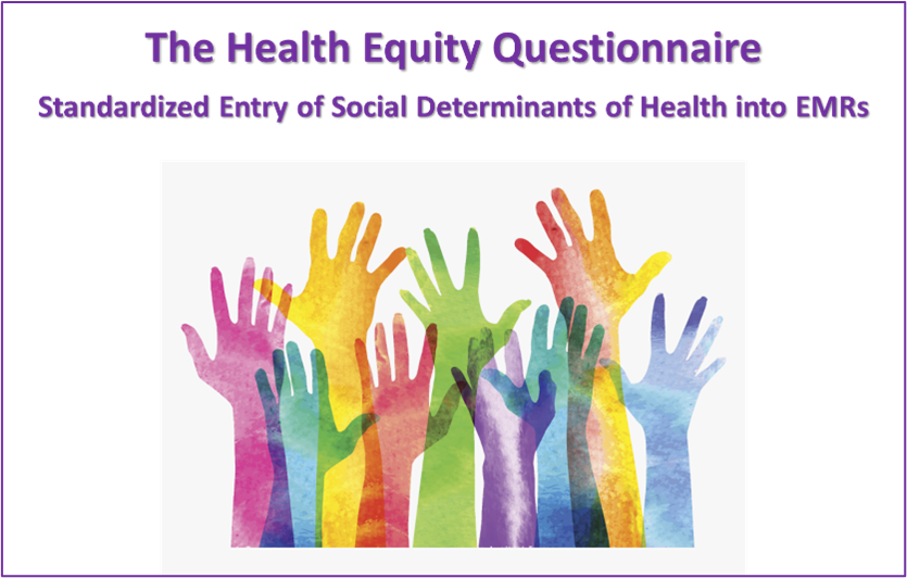 The Health Equity Questionnaire: Standardized Entry of Social Determinants of Health into EMRs. Below are a group of hands in different watercolours reaching upwards