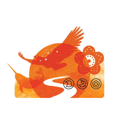 Description of the three icons ⦁ The eagle to represent First Nations ⦁ The narwhal to represent Inuit ⦁ The beaded flower to represent Métis Among the various visual elements illustrating Indigenous cultures, the circle is at the centre, which represents being together in spirit of reconciliation. The orange colour represents truth-telling and healing. The pathway represents the road to reconciliation.