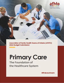 cover of AFHTO 2024 prebudget submission titled Primary Care: The Foundation of the Healthcare System. It's an overhead view of five people in blue scrubs and white coats meet around a white table with coffee, paper and laptops.