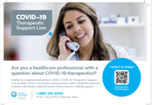 Title - COVID-19 Therapeutic Support Line. Picture of a woman on a landline, with QR code below.