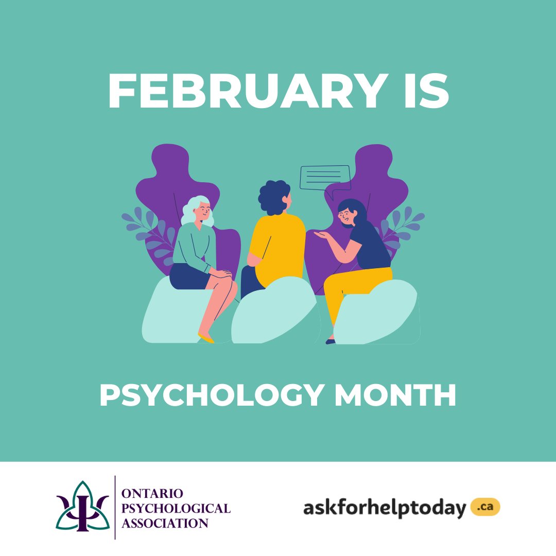 Psychology month 2024 White text on green background says February is Psychology month. In between the text is a graphic of 3 people talking to each other in a circle as they sit.