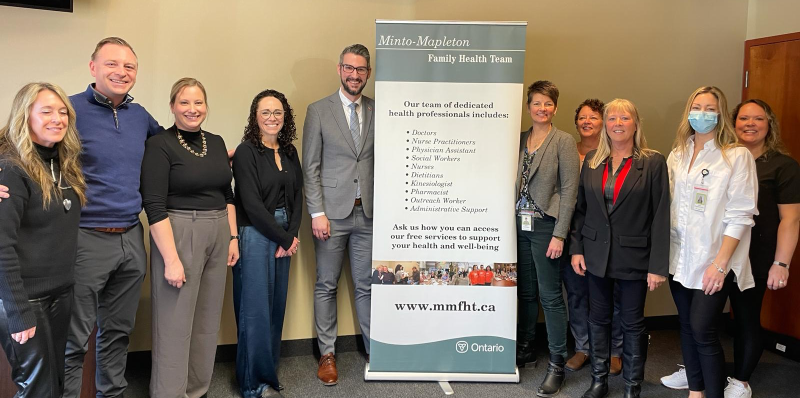 Minto Mapleton FHT staff with MPP Matthew Rae at the announcement